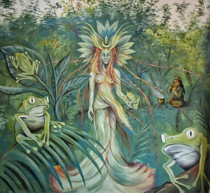 Artwork depicting a spirit of the rainforest surrounded by frogs and plants.